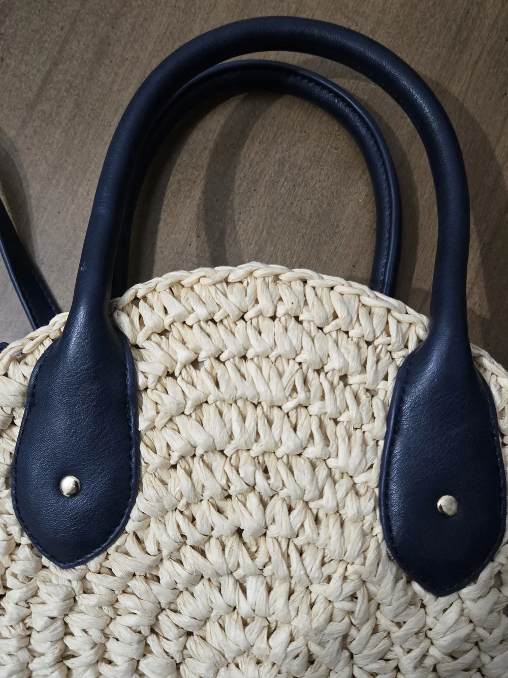 Talbots Round Straw Crossbody with Navy Trim and Handles
